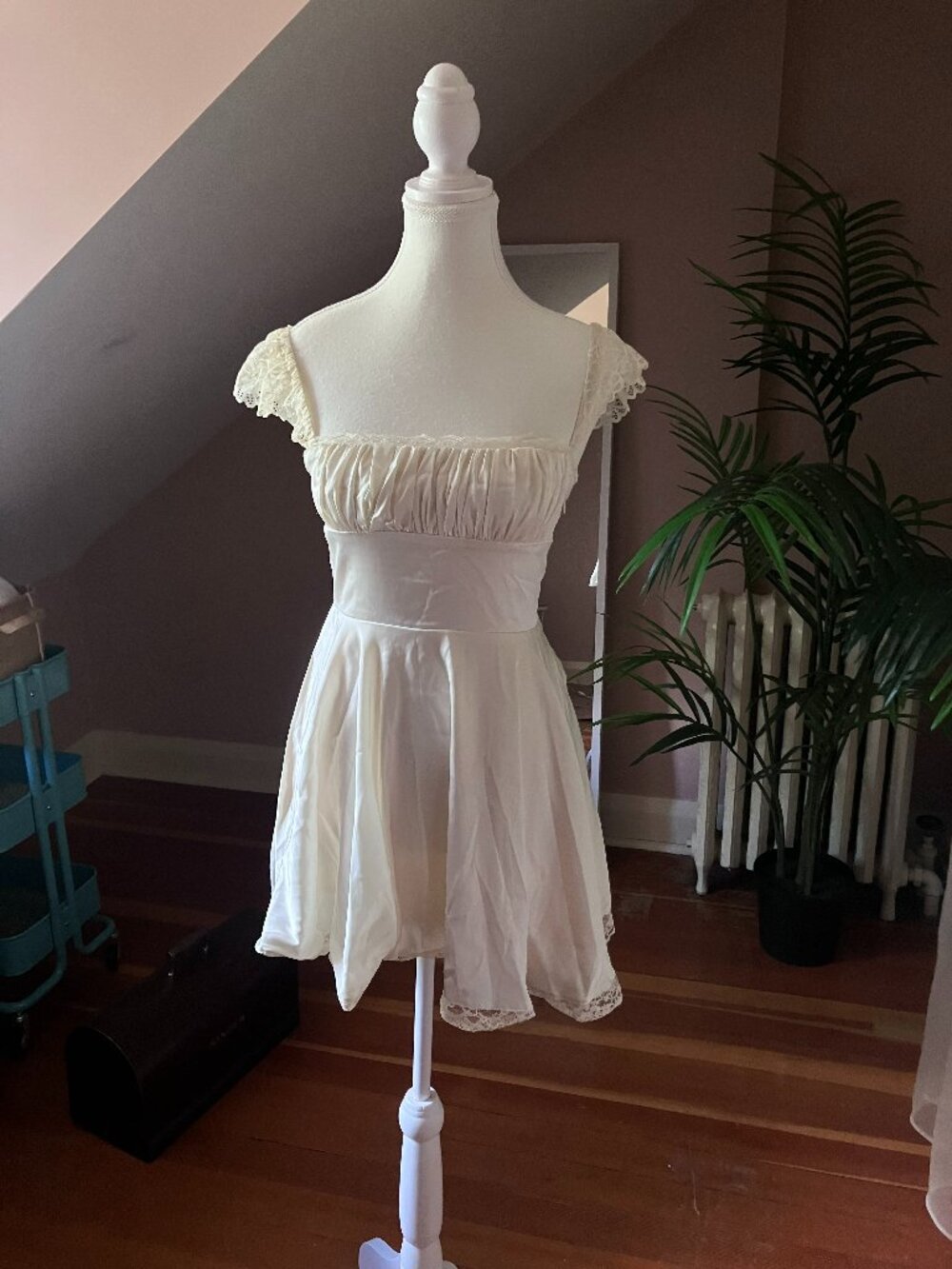 Off white cream mini length milkmaid peasant dress ruched skater skirt
